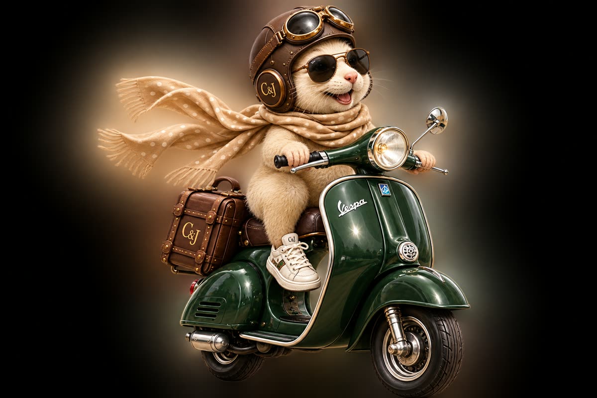 Clicky, la mascotte di Click & Joy, in Vespa con i regali